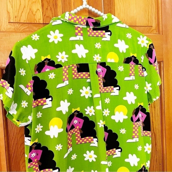 Nooworks Joyce Button Up Top Checkered Ladies Sz L Green Retro Short Sleeve - Picture 7 of 8